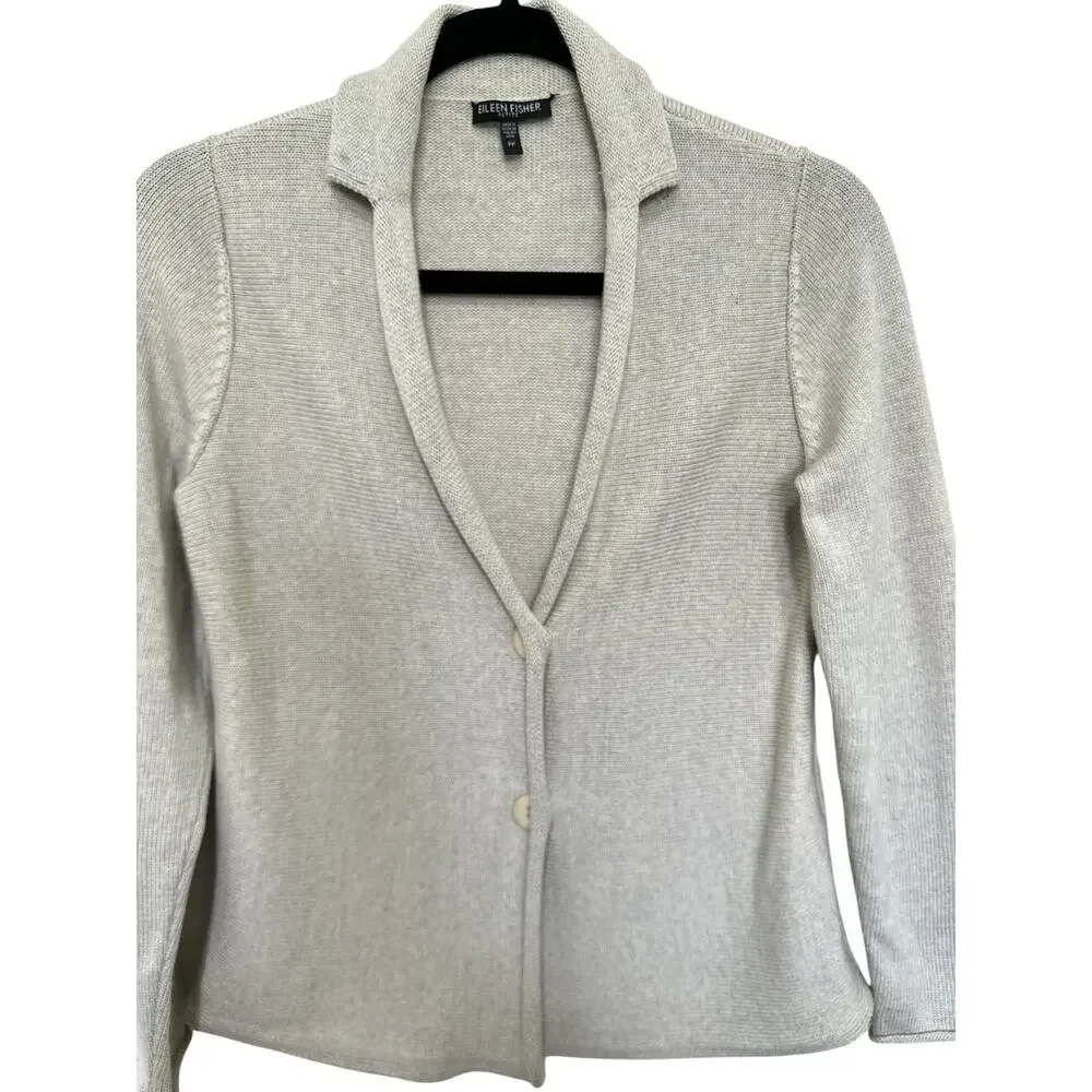 Eileen Fisher Womens Petite P Merino Wool Cardigan Sweater Beige Button Front